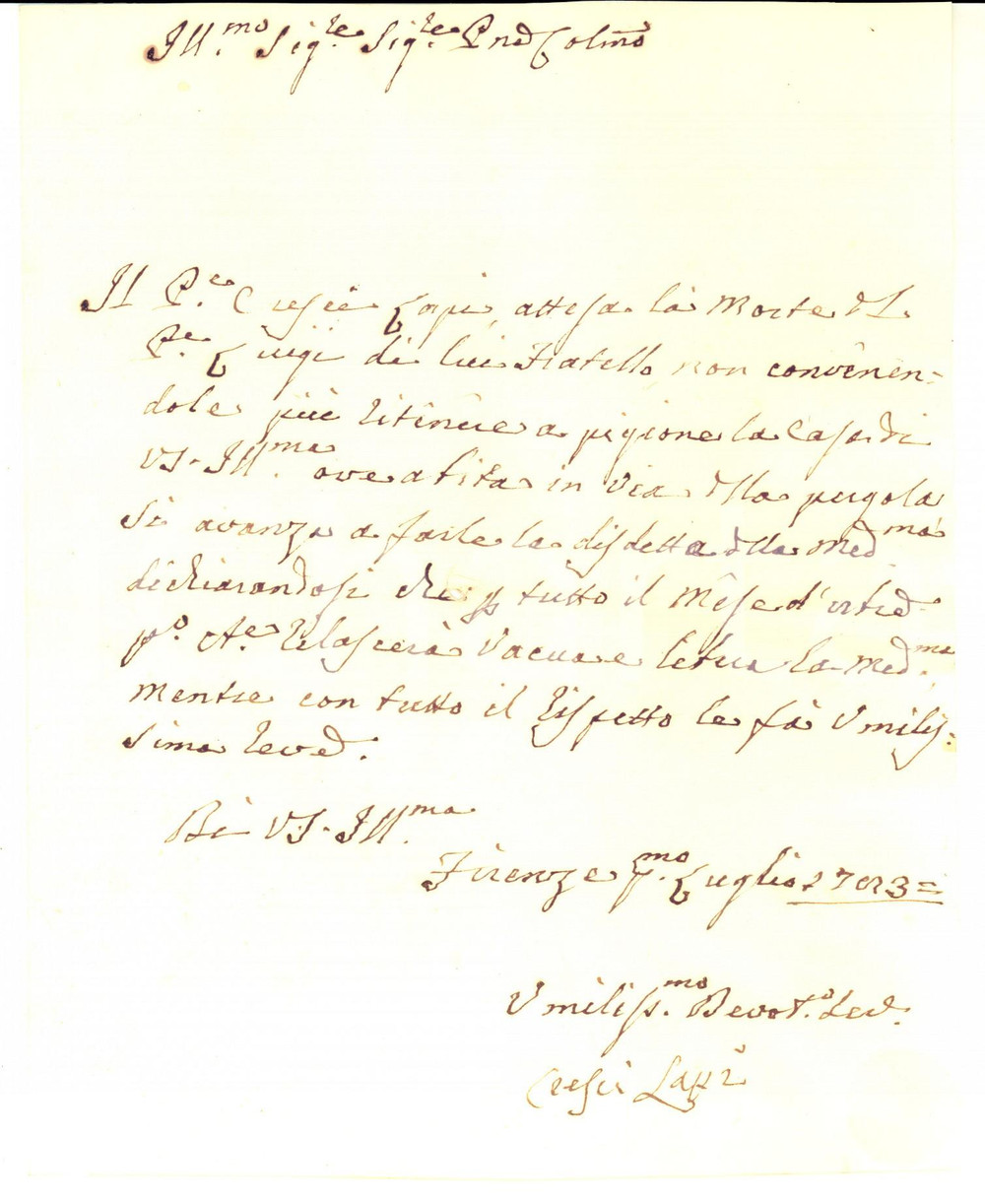 Manoscritto, lettera originale 1783 FIRENZE Morte di Luigi LAPI e termine di un affitto in via della Pergola 1