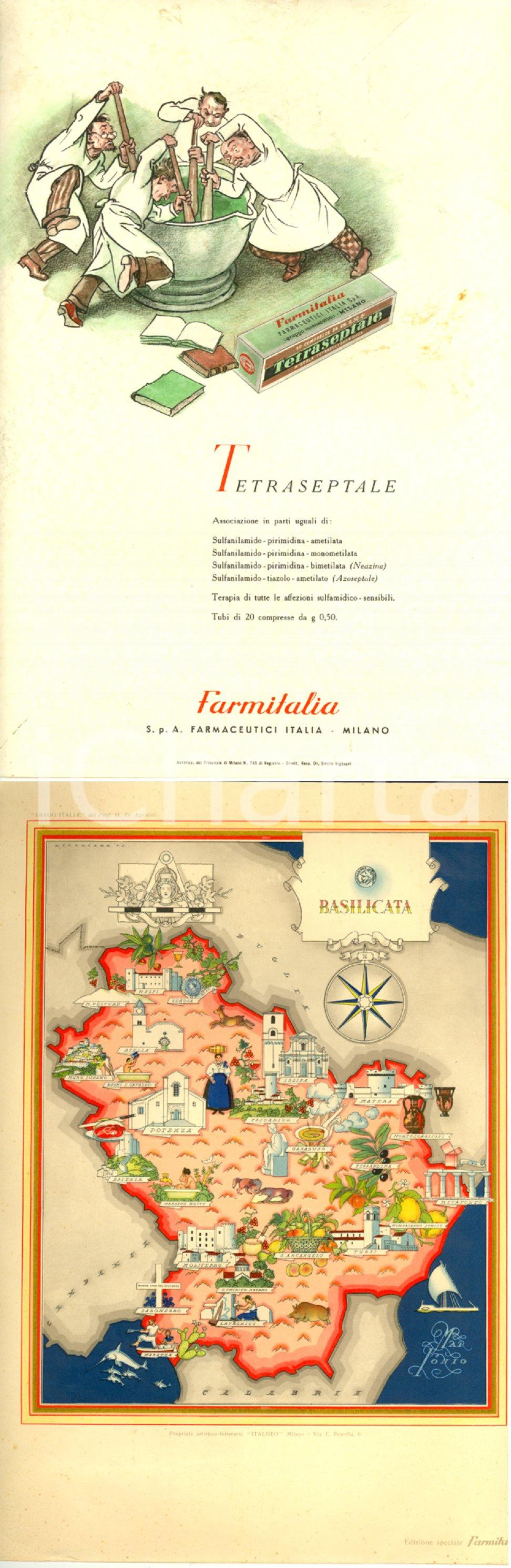 Materiale pubblicitario d’epoca 1950 FARMITALIA IMAGO ITALIAE Basilicata Pubblicità TETRASEPTALE 1
