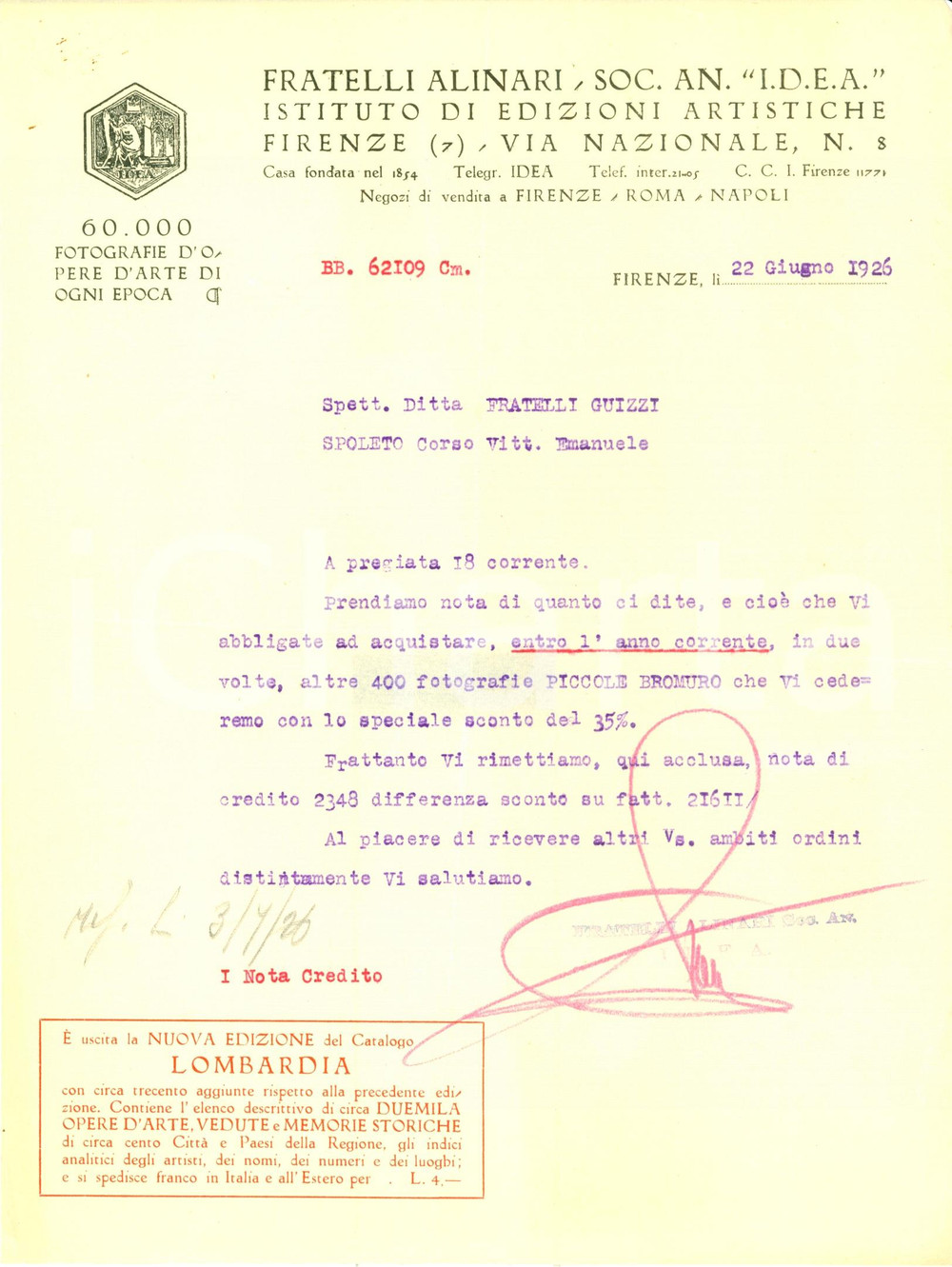 Documento originale, autentico 1926 FIRENZE Fratelli ALINARI confermano ordine 400 fotografie Lettera 1