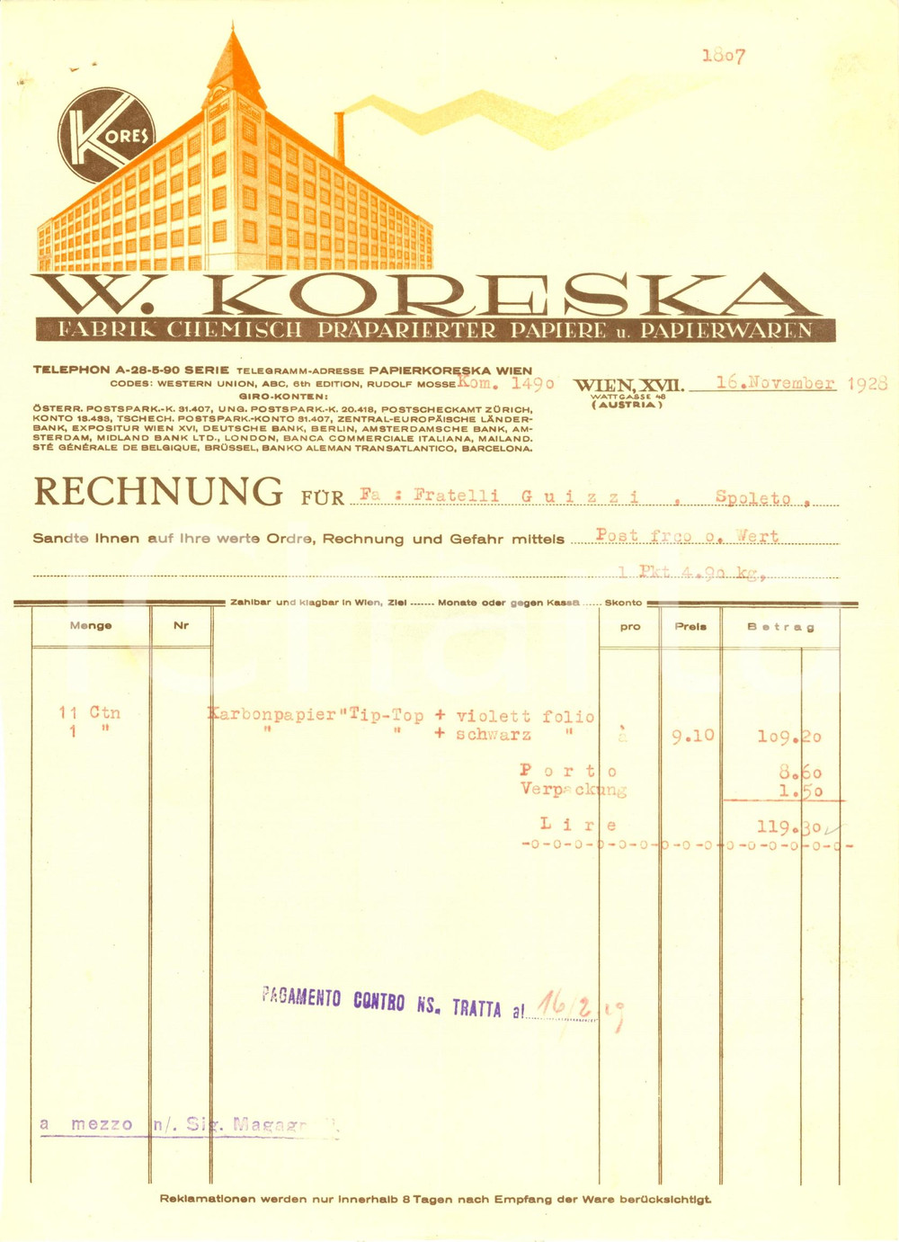 Documento originale, autentico 1930 MILANO Fabbrica W. KORESKA Carte chimiche ILLUSTRATA Lettera 1