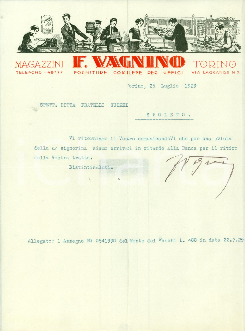Documento originale, autentico 1929 TORINO Magazzini VAGNINO Ritardo per svista della signorina ILLUSTRATA 1