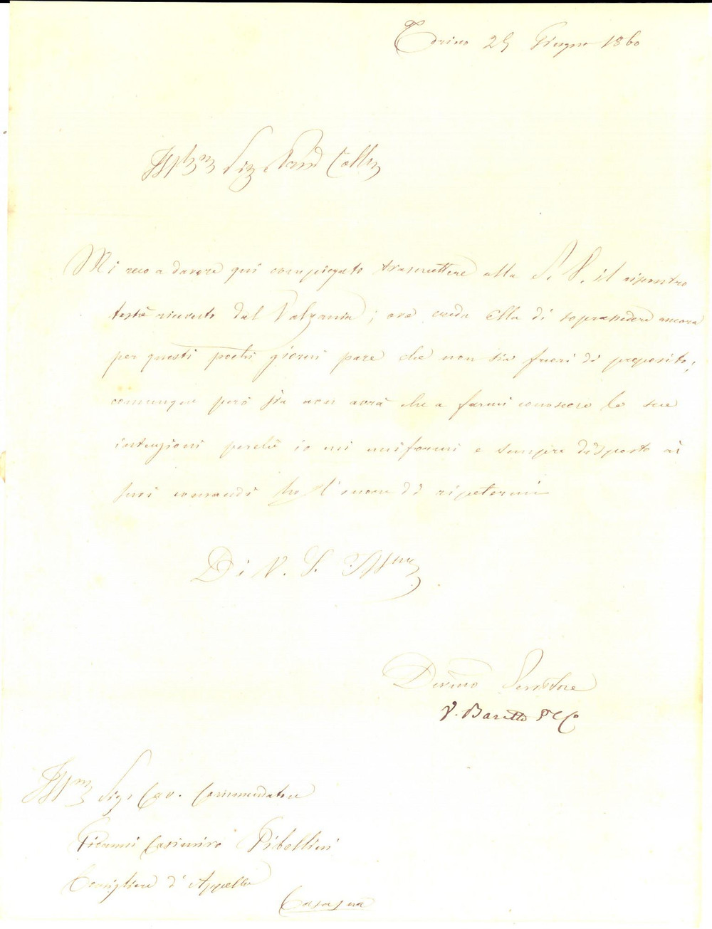 Manoscritto, lettera originale 1860 TORINO Lettera procuratore capo Vincenzo BARETTA a Casimiro GIBELLINI 1