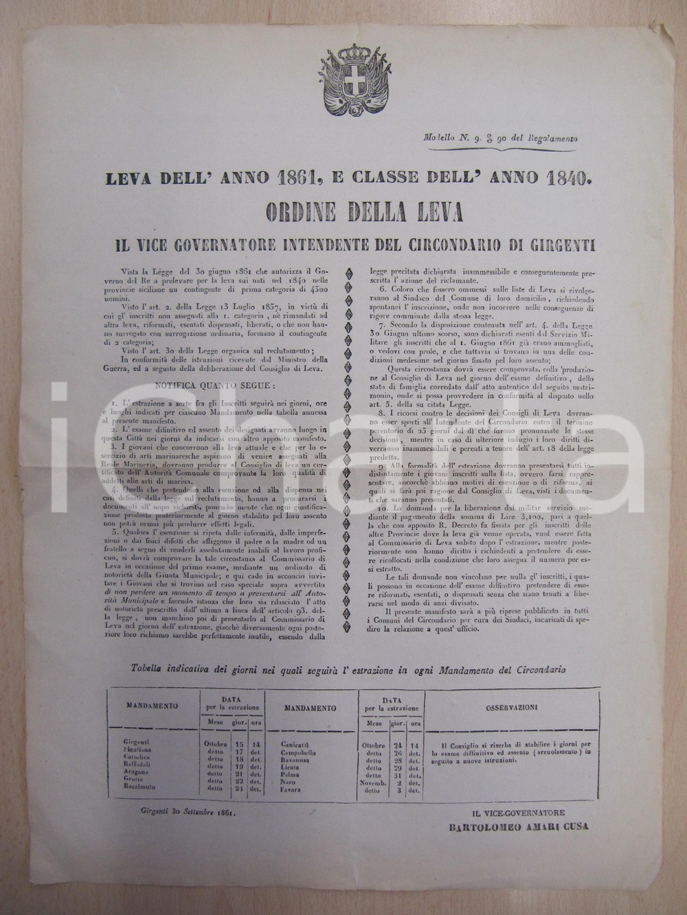 Documento originale, autentico 1861 GIRGENTI AG Ordine di leva marittima per classe 1840 MANIFESTO 1