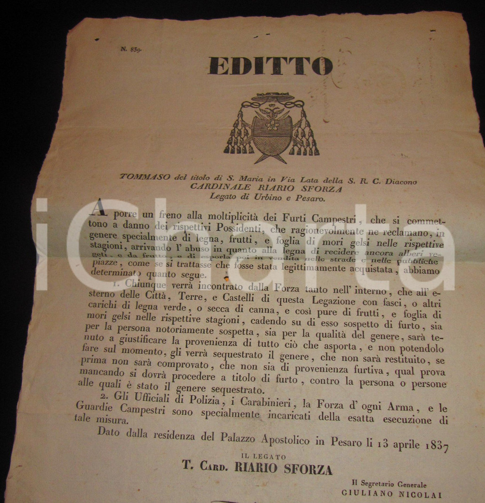 Documento originale, autentico 1837 PESARO STATO PONTIFICIO Dilagano furti legna e gelsi Manifesto 1