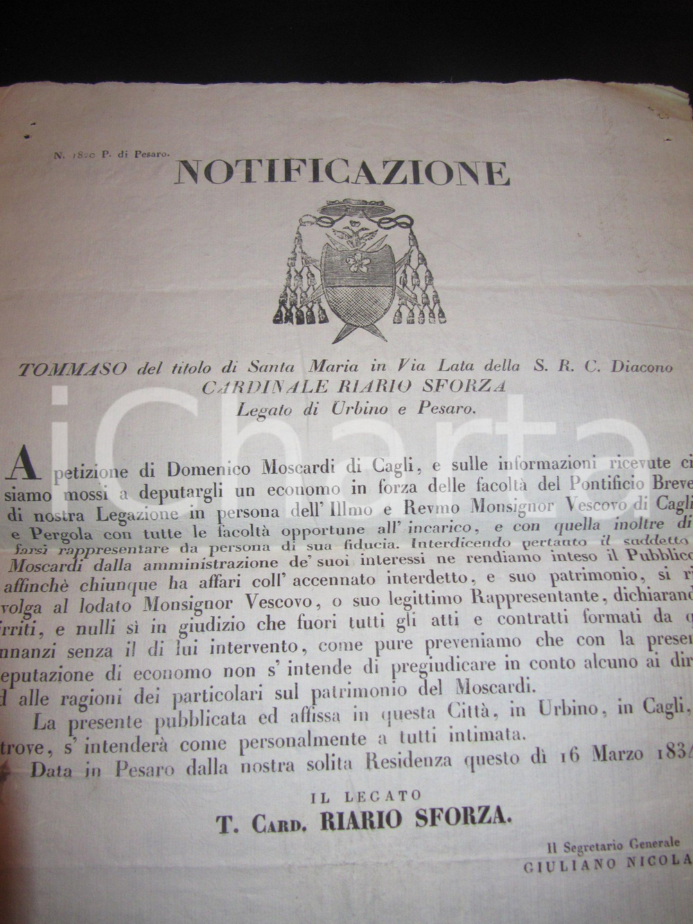 Documento originale, autentico 1834 CAGLI PU Domenico MOSCARDI interdetto dal proprio patrimonio MANIFESTO 1