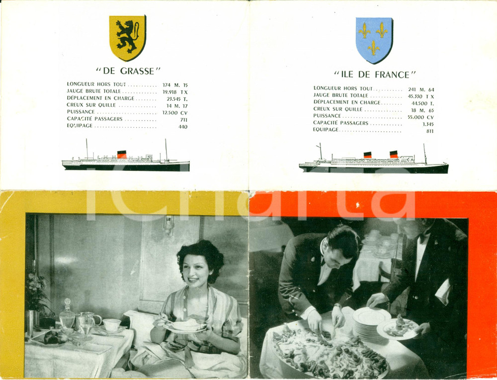 Materiale pubblicitario d’epoca 1950 ca FRANCE Compagnie Générale Transatlantique DE GRASSE e ILE DE FRANCE Ill. 1