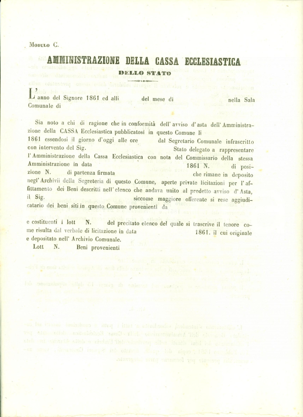 Documento originale, autentico 1861 UMBRIA Affitto beni Amministrazione CASSA ECCLESIASTICA Documento 1