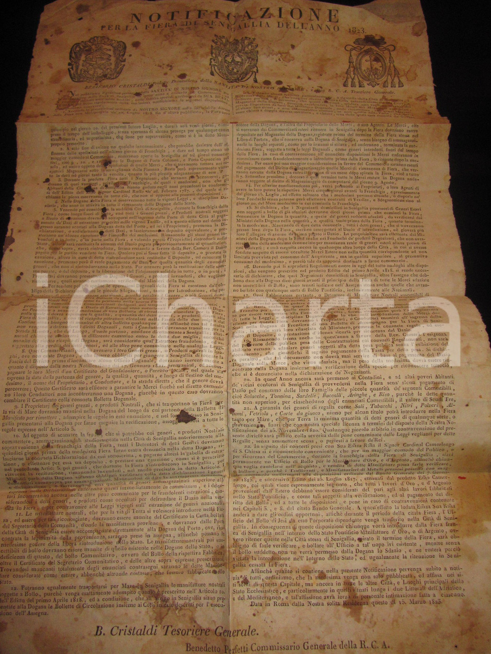 Documento originale, autentico 1823 SENIGALLIA AN Regolamento per FIERA e Dogana merci Manifesto DANNEGGIATO 1