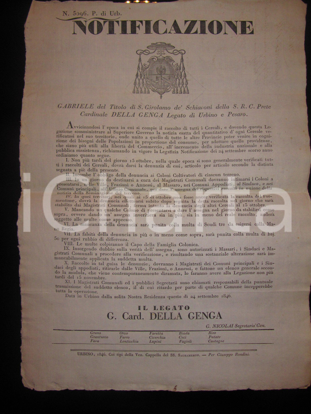 Documento originale, autentico 1846 STATO PONTIFICIO Verifica raccolto cereali Gabriele DELLA GENGA Manifesto 1