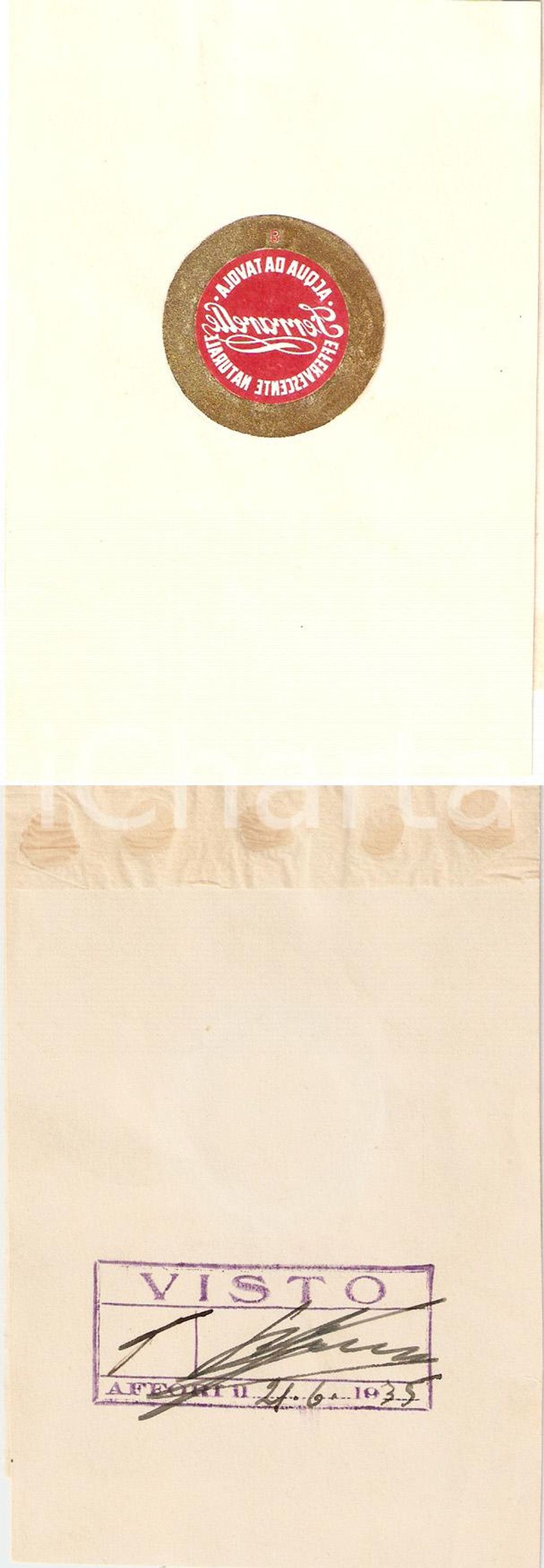 Materiale pubblicitario d’epoca 1935 MILANO AFFORI Acqua da tavola FERRARELLE Originale di stampa approvato 1