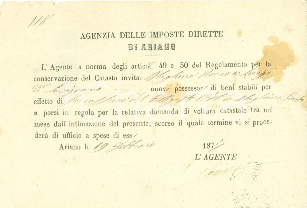 Documento originale, autentico 1877 ARIANO IRPINO AV Rocco e Luigi MAGLIONE successione di beni Documento 1