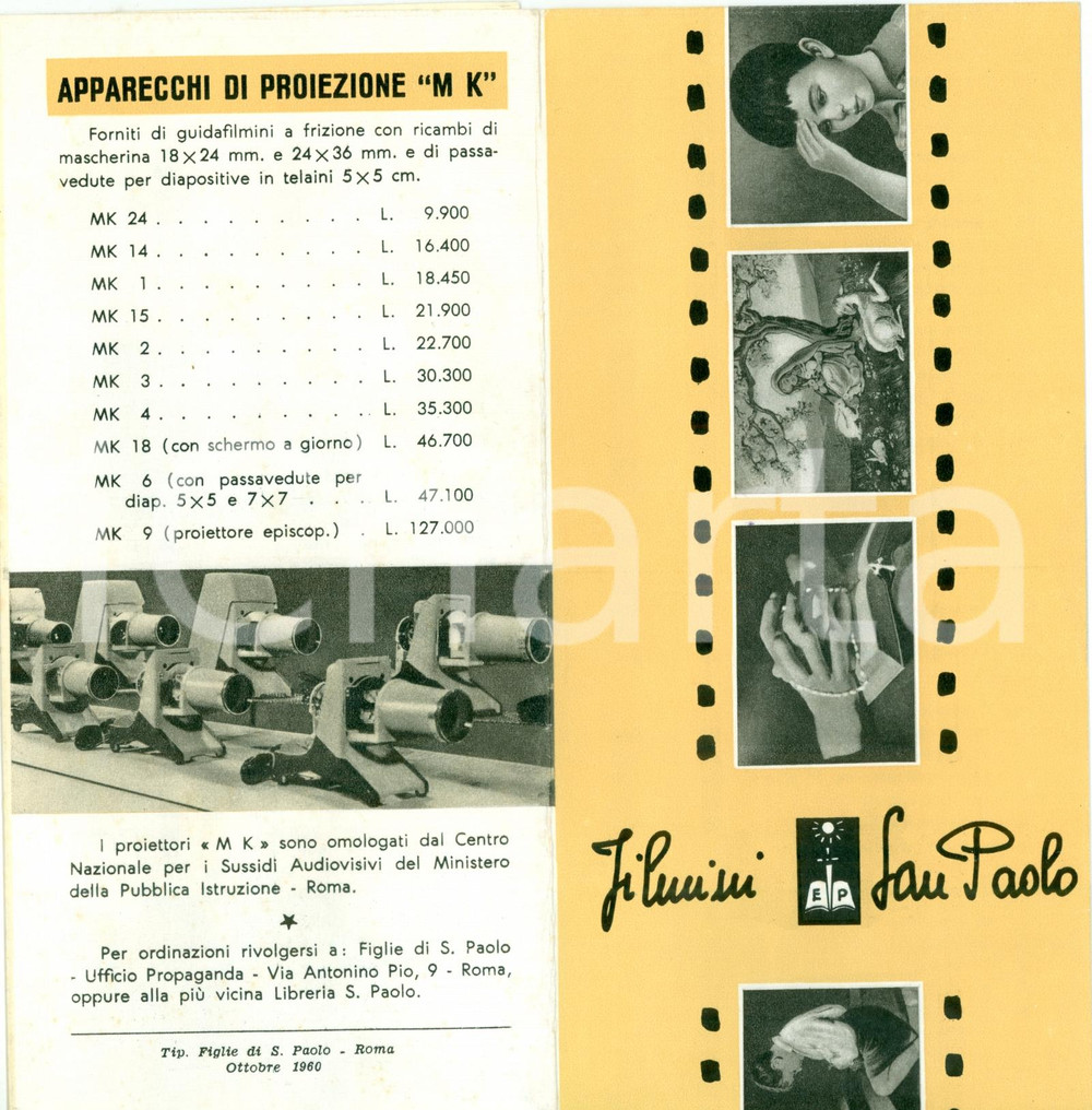 Materiale pubblicitario d’epoca 1960 ROMA Filmini SAN PAOLO Proiettori M K Opuscolo pubblicitario 1