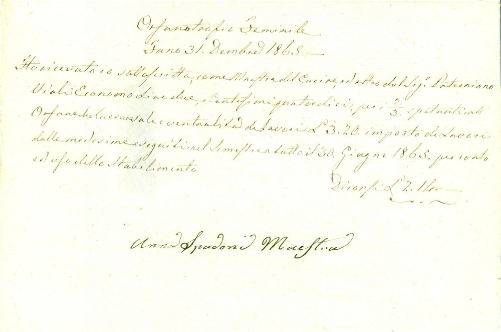 Documento originale, autentico 1865 FANO PU Orfanotrofio Femminile Anna SPADONI maestra cucine Compenso orfane 1