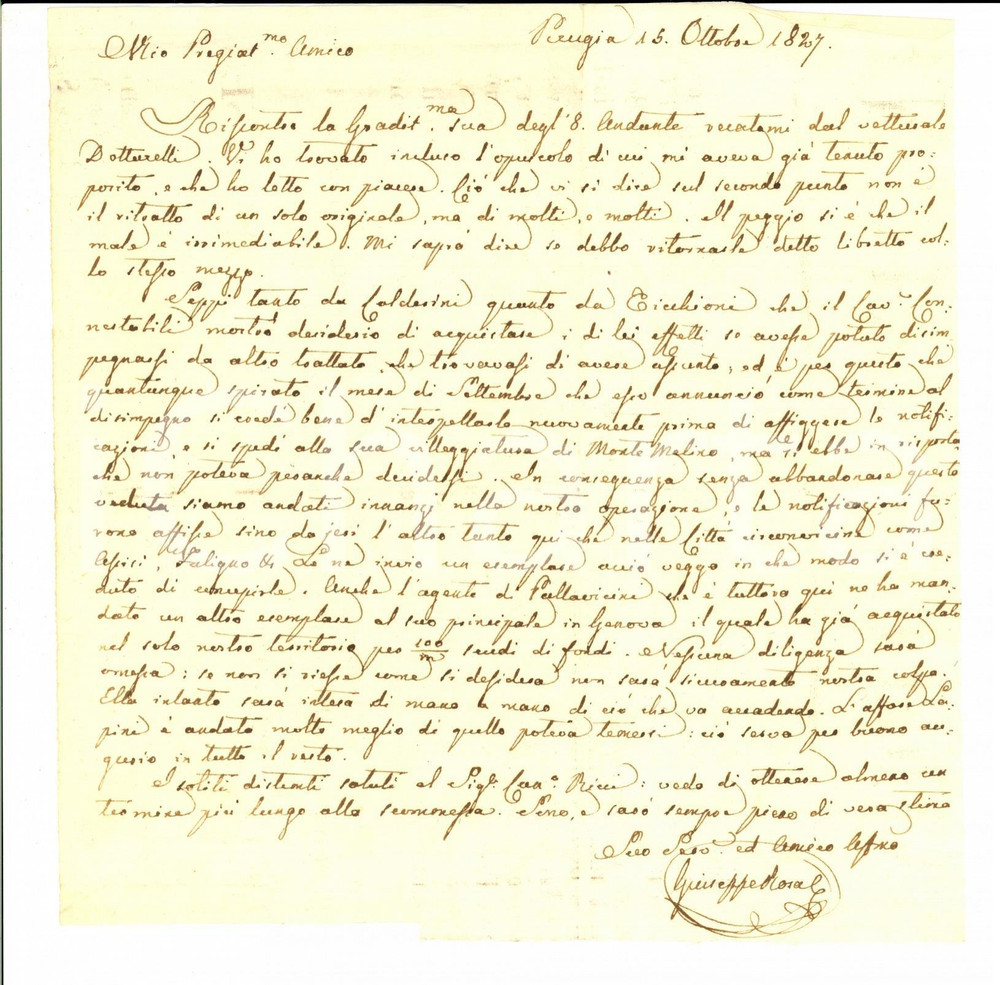 Documento originale, autentico 1827 PERUGIA Giuseppe ROSA tratta affari per conto di un amico Lettera 1