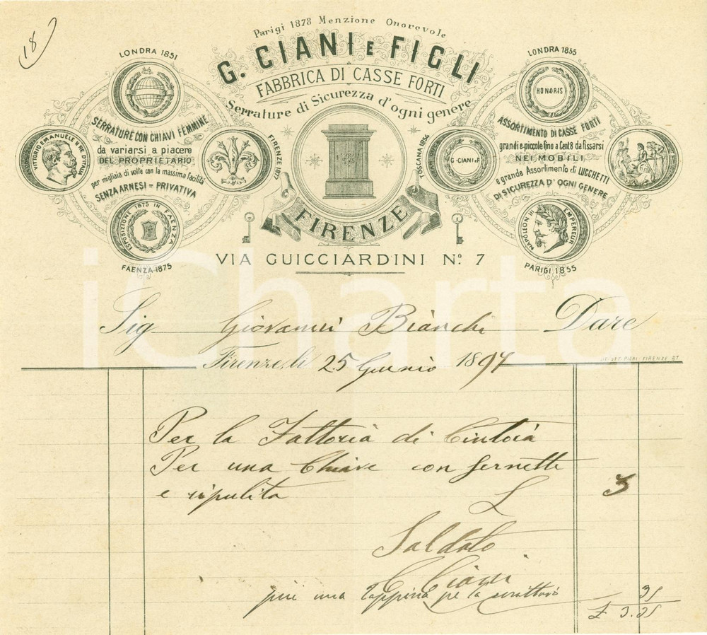 Documento originale, autentico 1897 FIRENZE Fabbrica CIANI Figli Casseforti chiavi sicurezza Fattura ILLUSTRATA 1