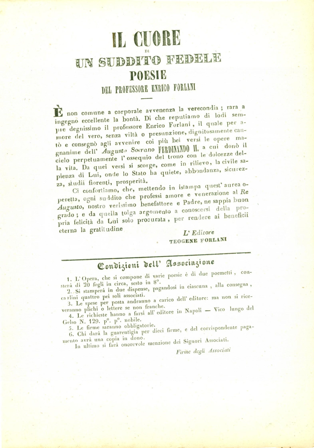 Documento originale, autentico 1857 NAPOLI Enrico FORLANI Cuor di un suddito fedele MANIFESTO di sottoscrizione 1