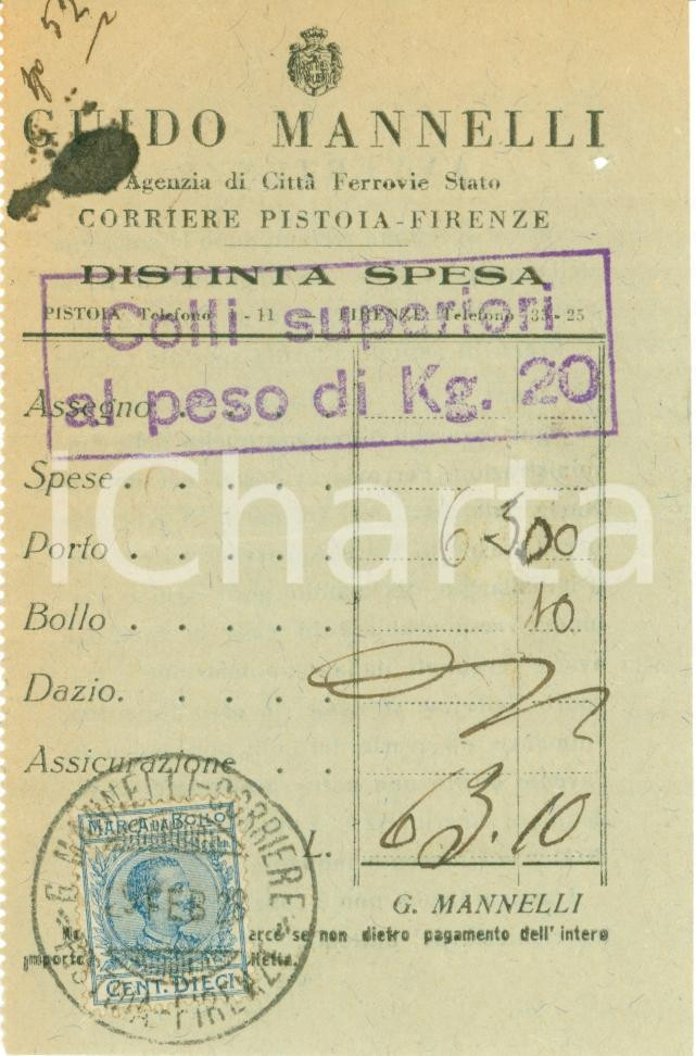 Documento originale, autentico 1910 ca FIRENZE Guido MANNELLI corriere per PISTOIA Ferrovie dello Stato 1