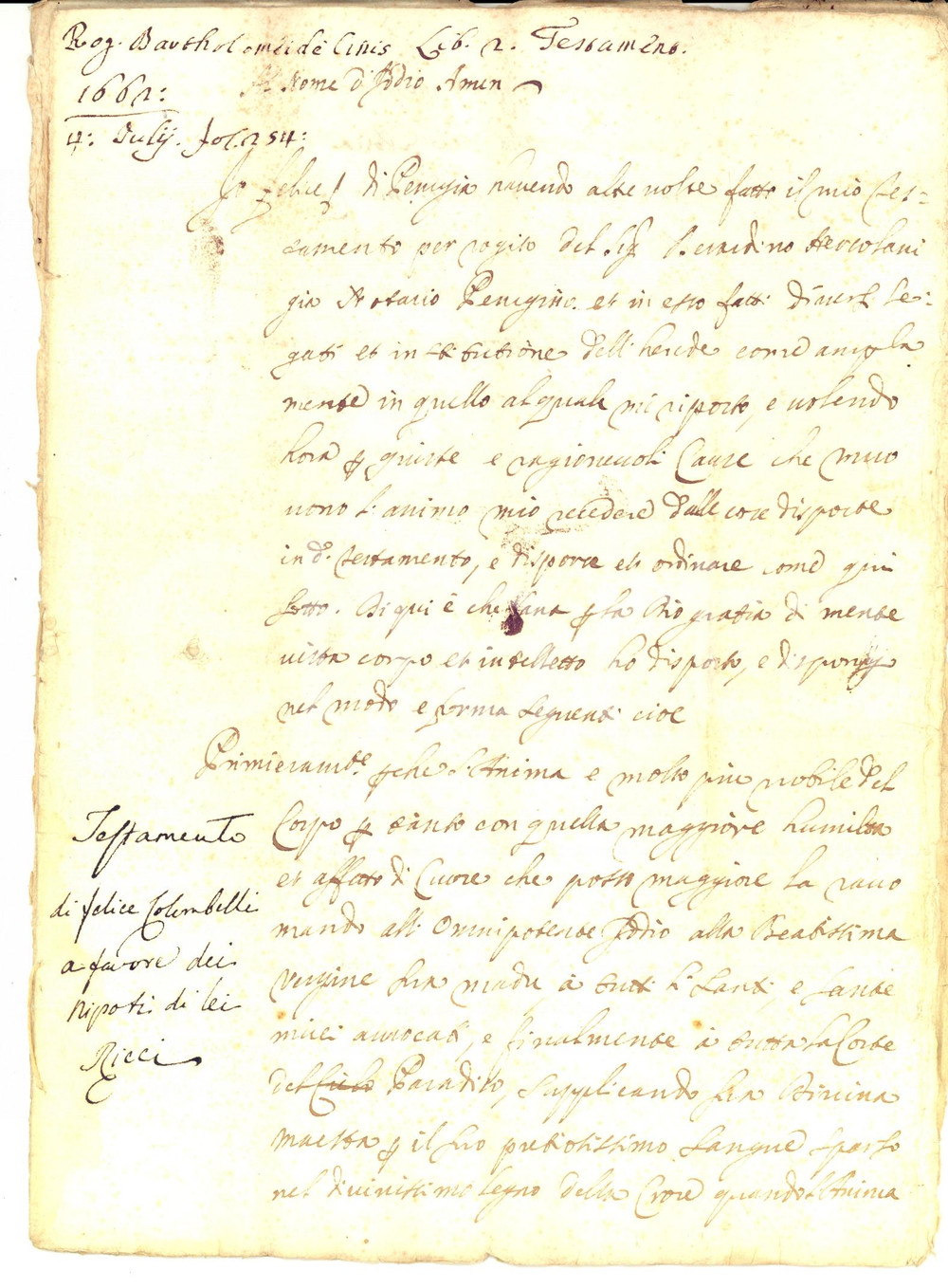 Documento originale, autentico 1662 TREVI Testamento Felice COLOMBANI ai nipoti Cristiano e Pietro Paolo RICCI 1