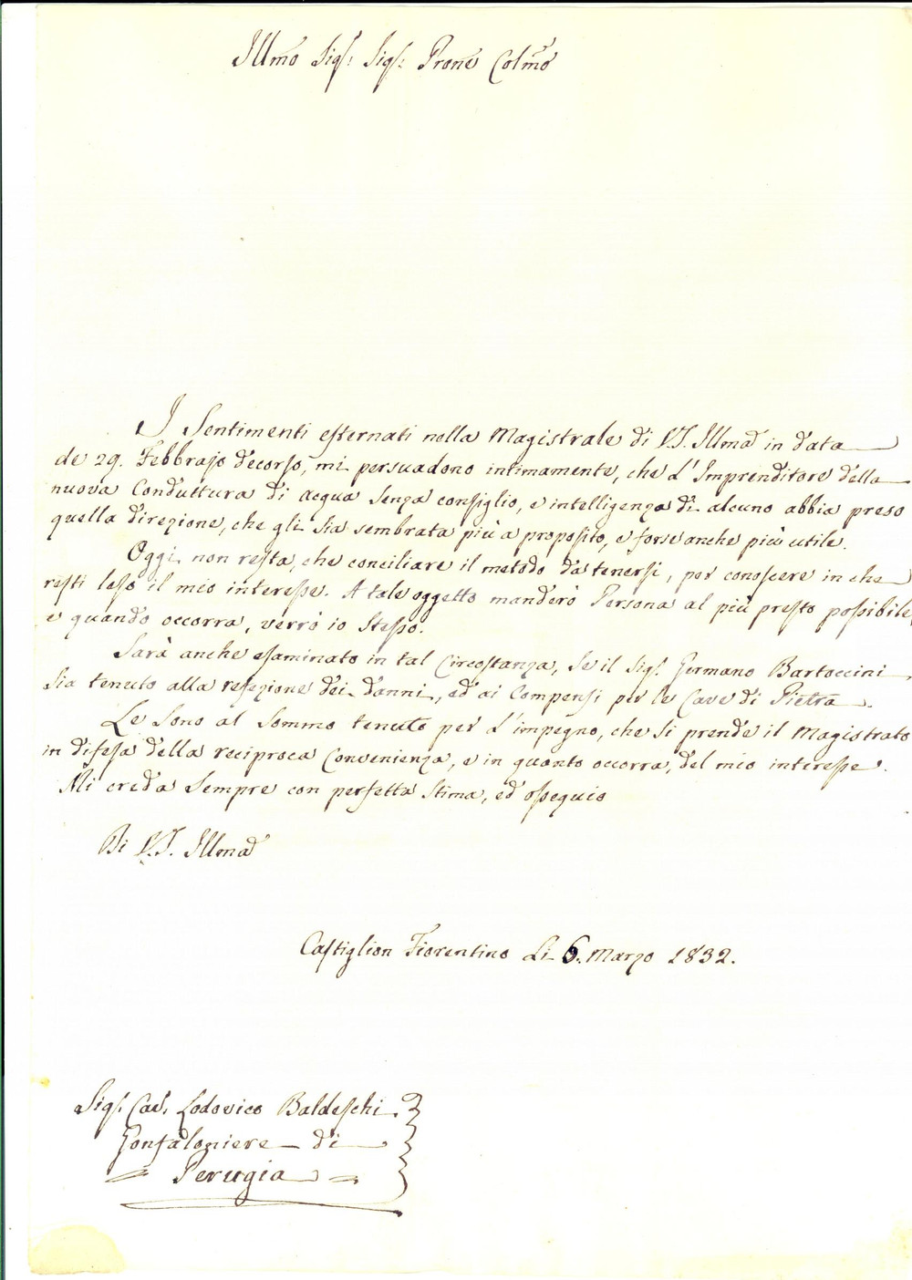 Manoscritto, lettera originale 1832 CASTIGLION FIORENTINO Germano BARTOCCINI realizza conduttura senza permesso 1