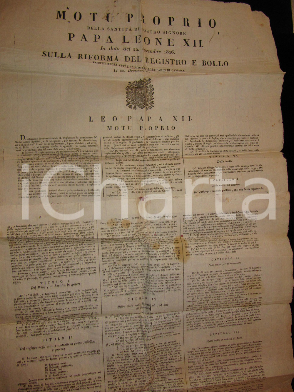 Documento originale, autentico 1826 STATO PONTIFICIO Motu proprio papa Leone XII su riforma bollo e registro 1