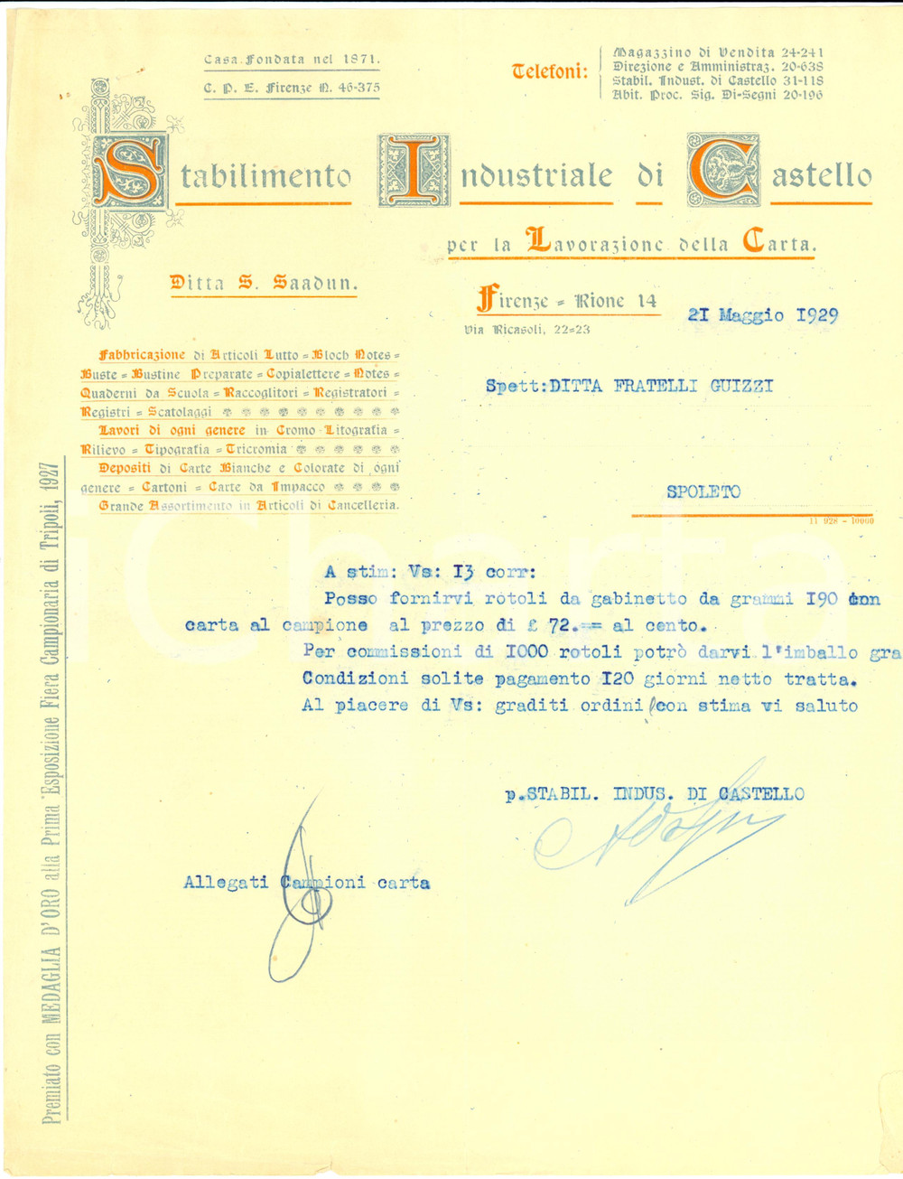 Documento originale, autentico 1929 FIRENZE Ditta Settimo SAADUN Stabilimento Industriale Castello CARTOLERIA 1