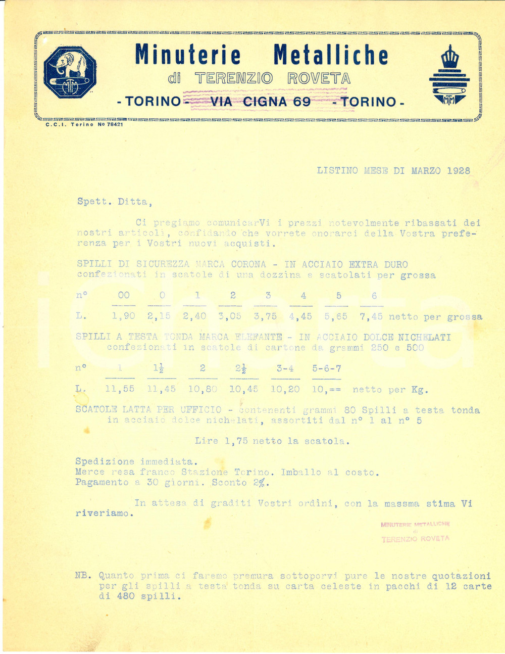 Documento originale, autentico 1928 TORINO Ditta Terenzio ROVETA Minuterie metalliche listino PREZZI Lettera 1