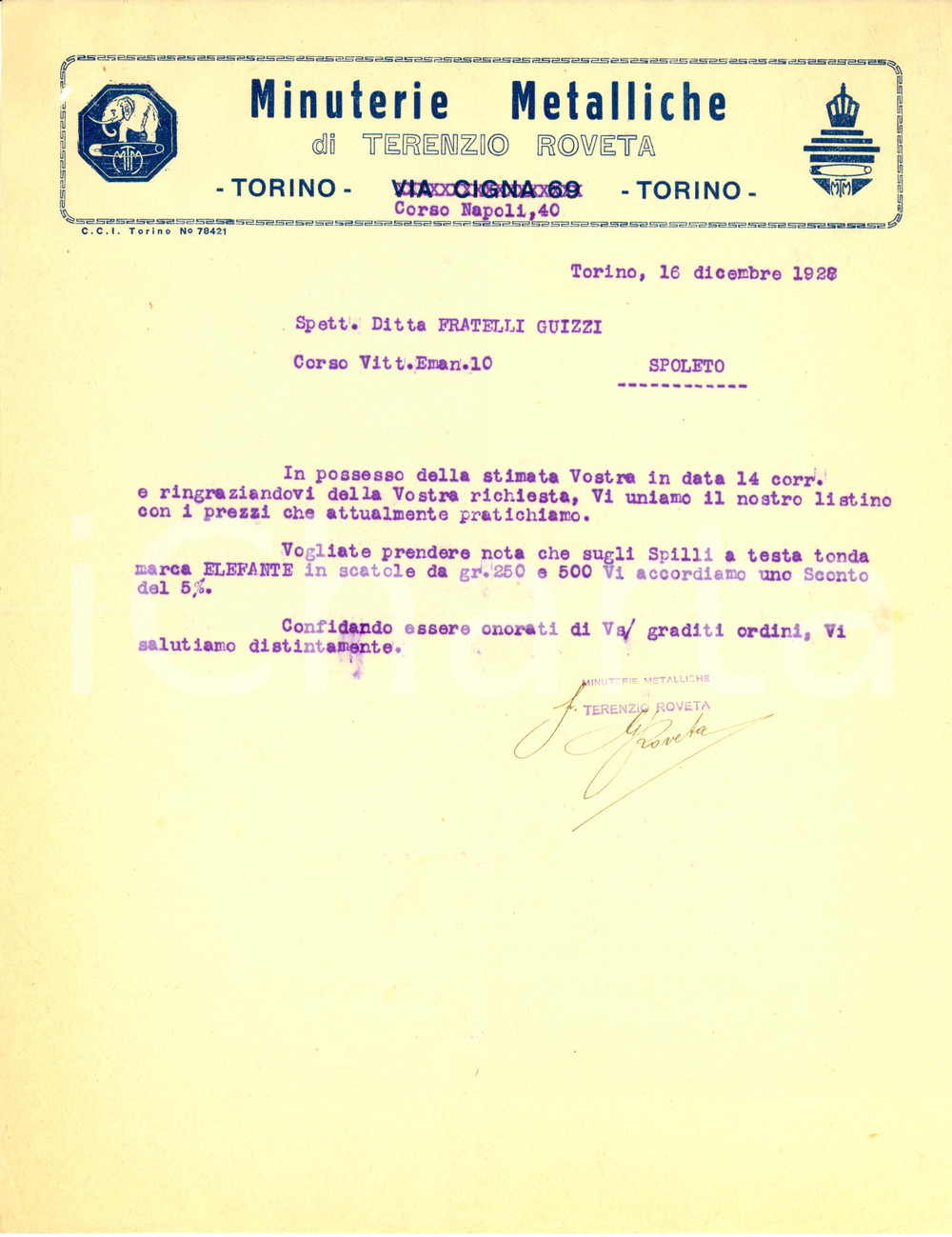 Documento originale, autentico 1928 TORINO Ditta Terenzio ROVETA Minuterie metalliche Lettera commerciale 1