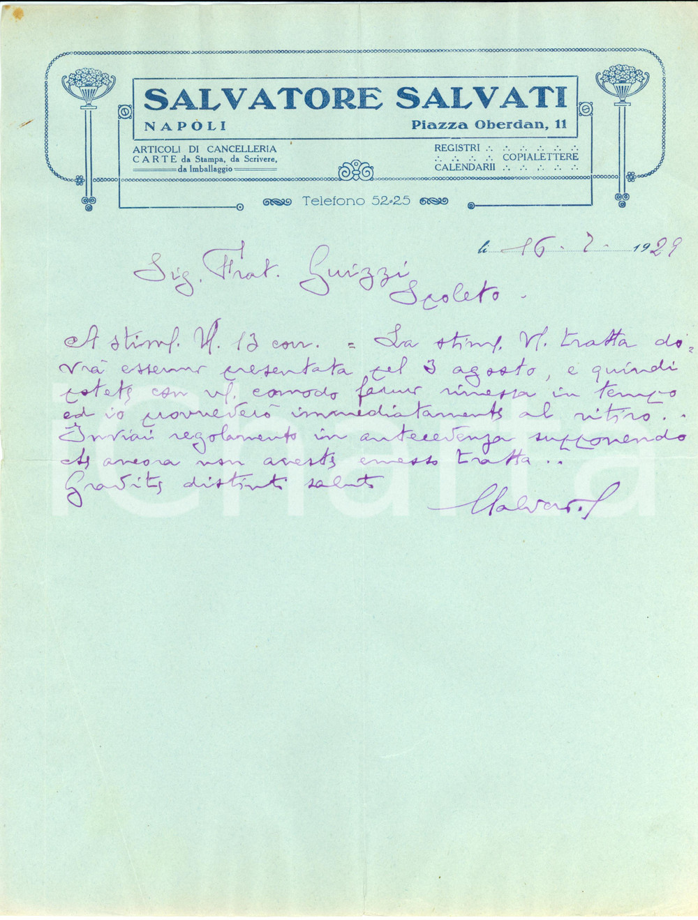 Documento originale, autentico 1929 NAPOLI Ditta Salvatore SALVIATI Articoli CANCELLERIA con autografo Lettera 1