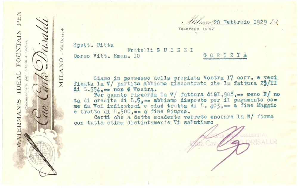 Documento originale, autentico 1929 MILANO Cavalier Carlo DRISALDI Waterman s Ideal Fountain Pen Lettera 1