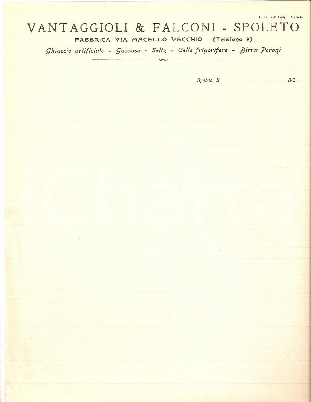 Documento originale, autentico 1920 SPOLETO Ditta VANTAGGIOLI & FALCONI Celle frigorifere Carta intestata 1 1