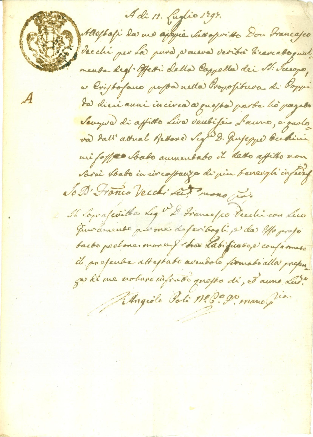 Documento originale, autentico 1797 POPPI AR Don Francesco VECCHI affitto Cappella SANTI GIACOMO E CRISTOFORO 1