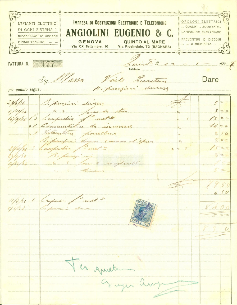 Documento originale, autentico 1927 GENOVA Eugenio ANGIOLINI costruzioni elettriche e telefoniche Fattura 1