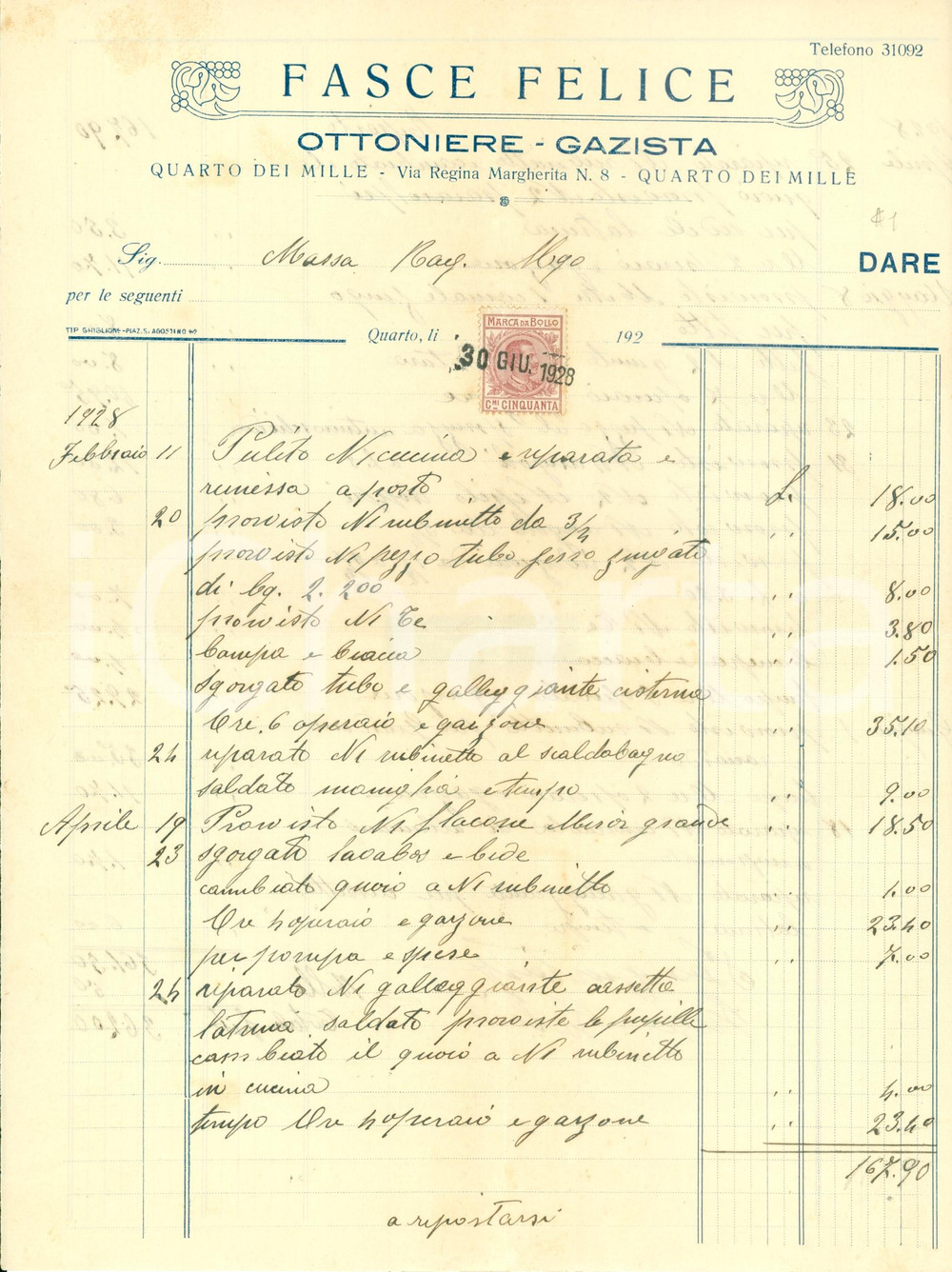 Documento originale, autentico 1928 GENOVA QUARTO DEI MILLE Conto Felice FASCE ottoniere gazista Fattura 1