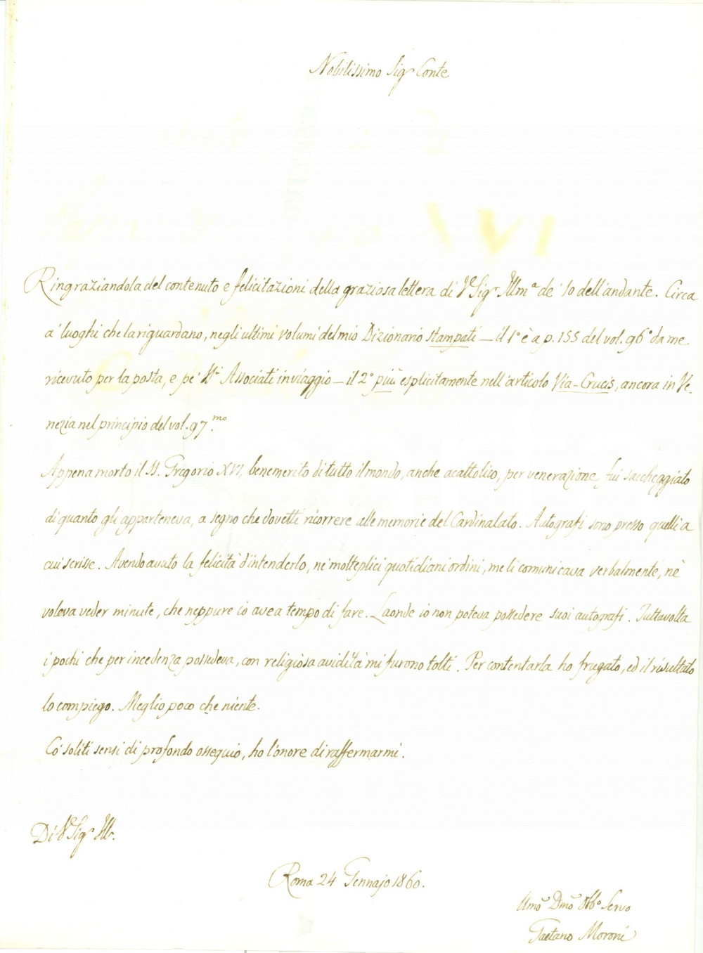 Autografo originale 1860 ROMA Tutti a caccia di autografi di GREGORIO XVI Autografo Gaetano MORONI 1