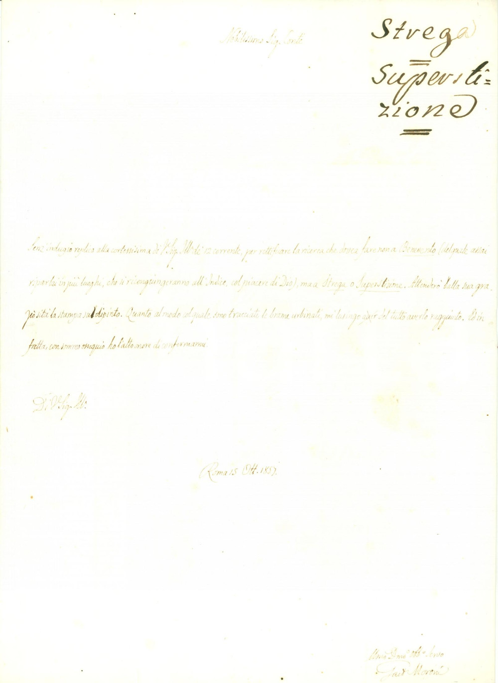 Autografo originale 1857 ROMA Gaetano MORONI cerca notizie su streghe e superstizione AUTOGRAFO 1