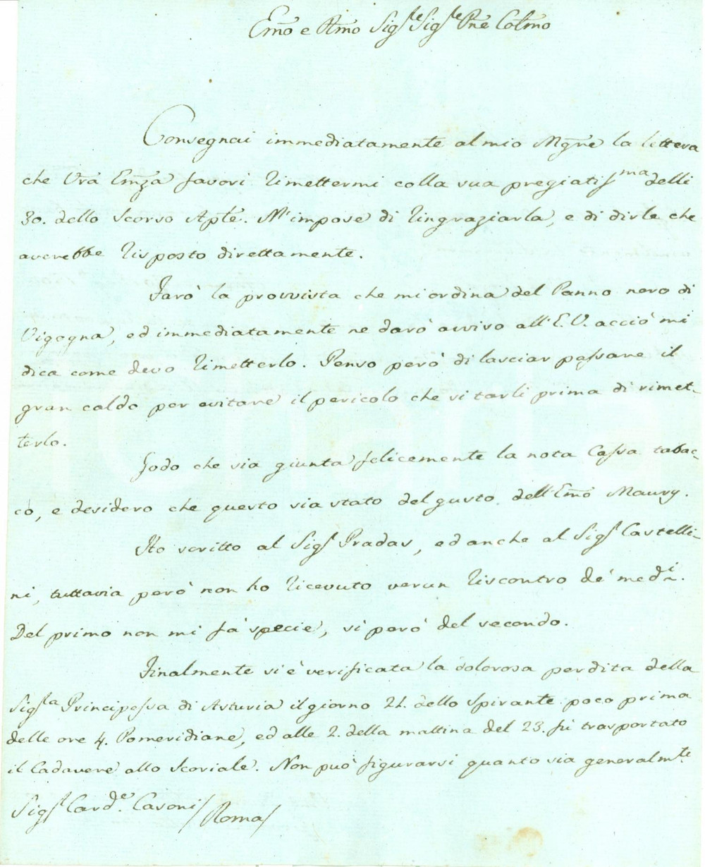 Autografo originale 1806 ARANJUEZ Maria Antonia di BORBONENAPOLI cadavere all ESCORIAL AUTOGRAFO 1