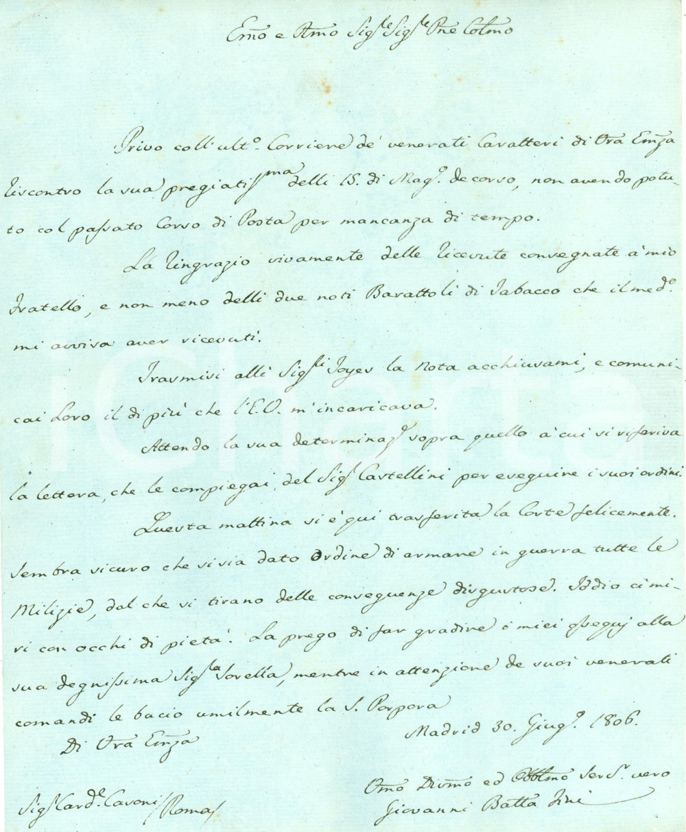 Autografo originale 1806 MADRID Milizie di SPAGNA si preparano a guerra con FRANCIA AUTOGRAFO 1