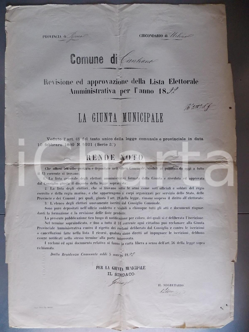 Documento originale, autentico 1892 CANTIANO PU Approvazione lista elettorale amministrativa Manifesto 1