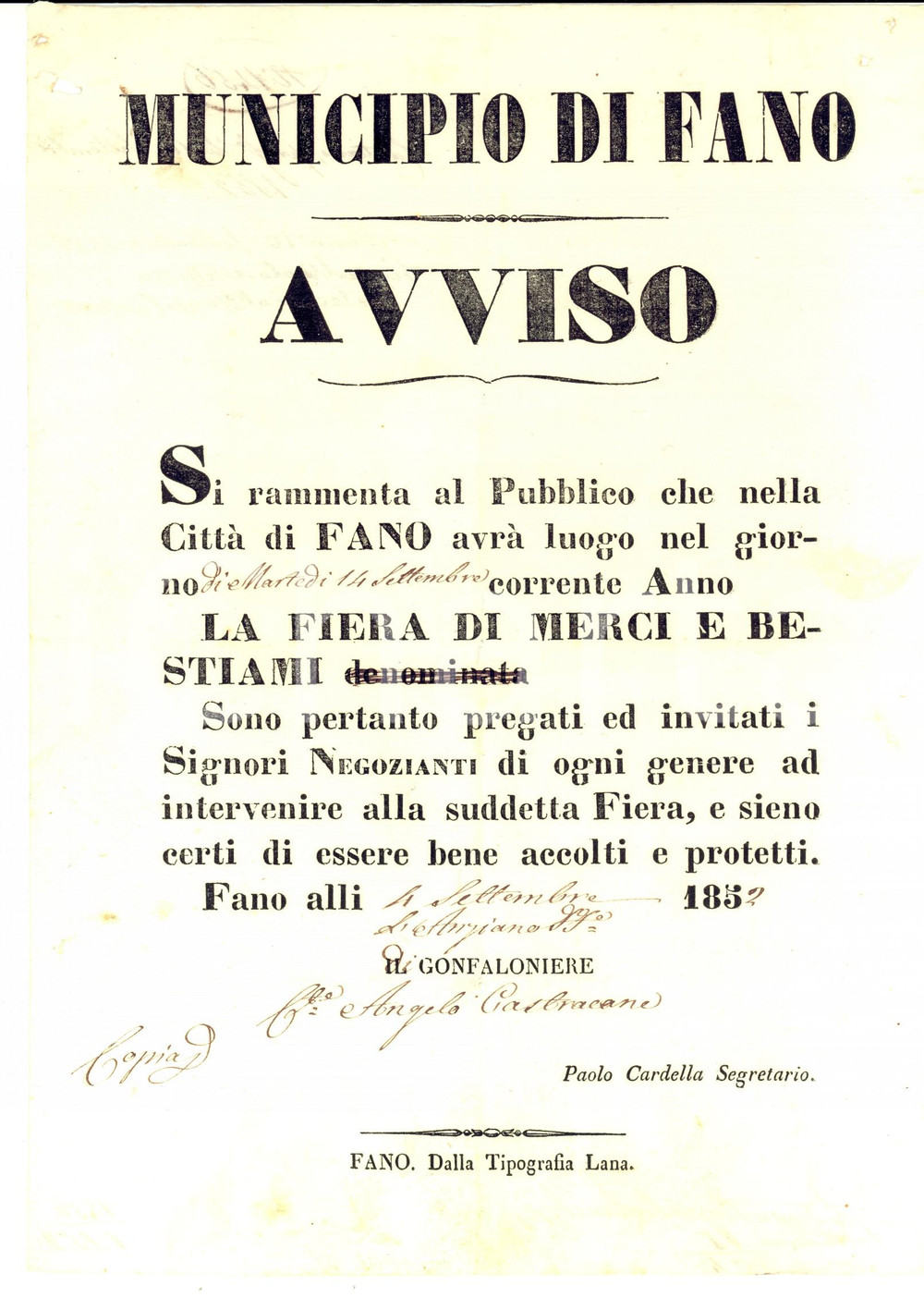 Documento originale, autentico 1852 FANO PU Fiera di merci e bestiami Avviso ai negozianti 20 x 28 cm 1