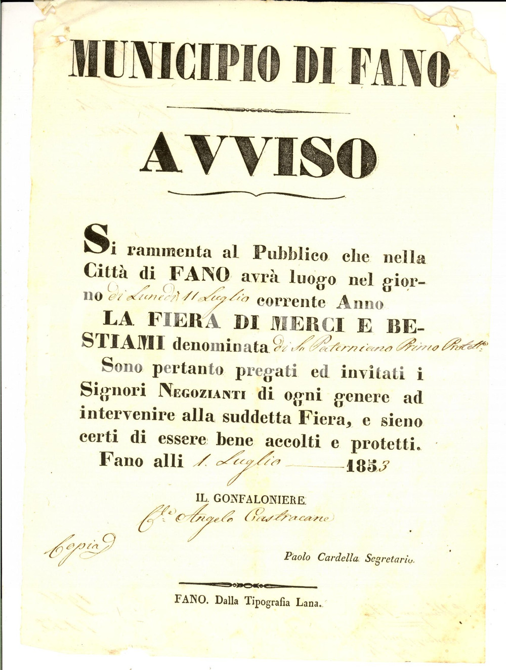 Documento originale, autentico 1853 FANO PU Fiera di SAN PATERNIANO merci e bestiami Manifesto 1