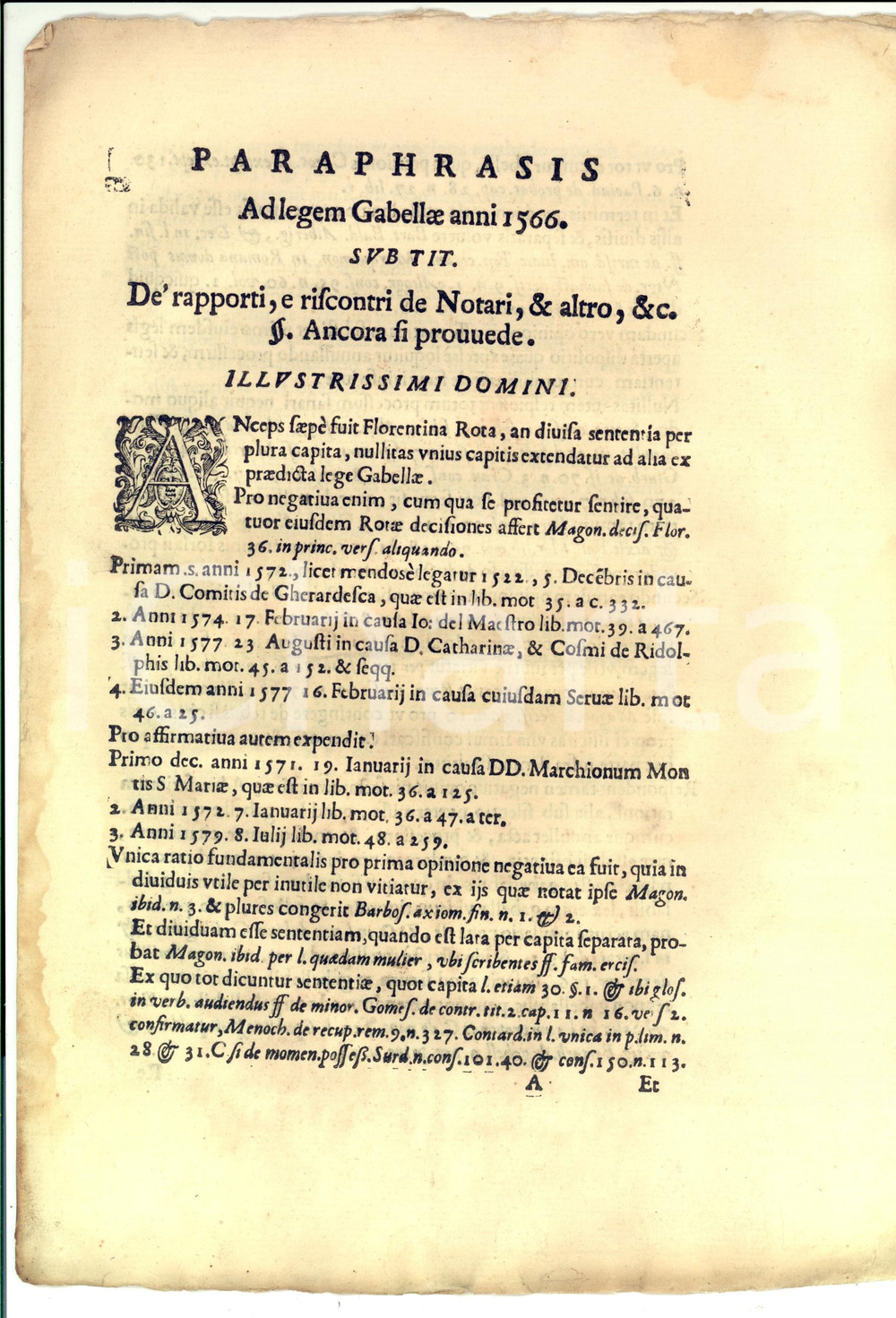 Documento originale, autentico 1671 FIRENZE Paraphrasis ad legem GABELLAE anni 1566 Riscontri de Notari 1