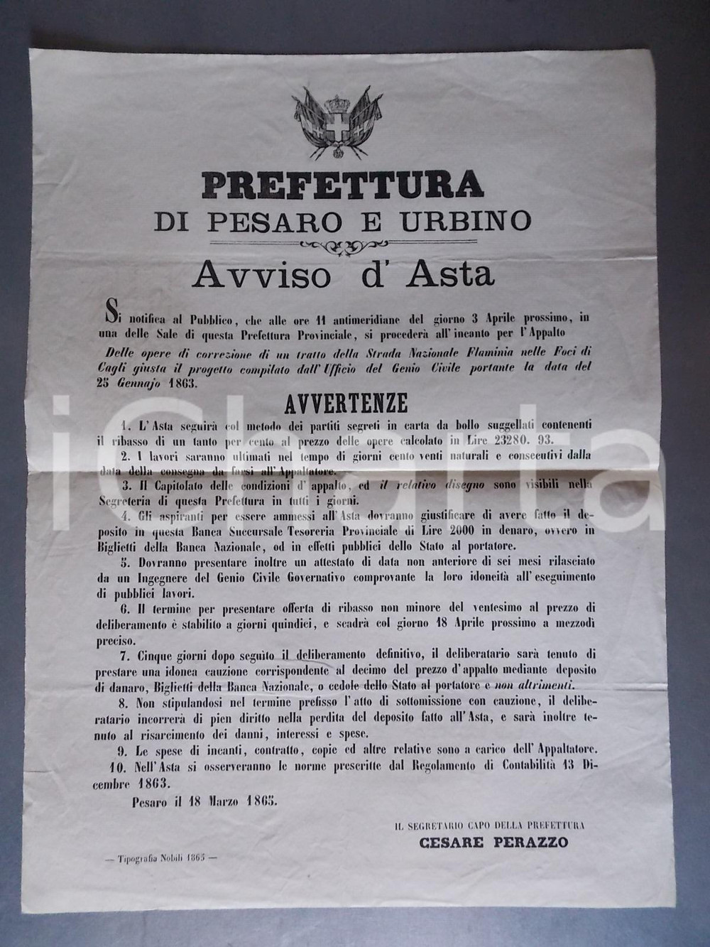 Documento originale, autentico 1865 CAGLI PU Asta per lavori alla Strada Nazionale FLAMINIA Manifesto 1