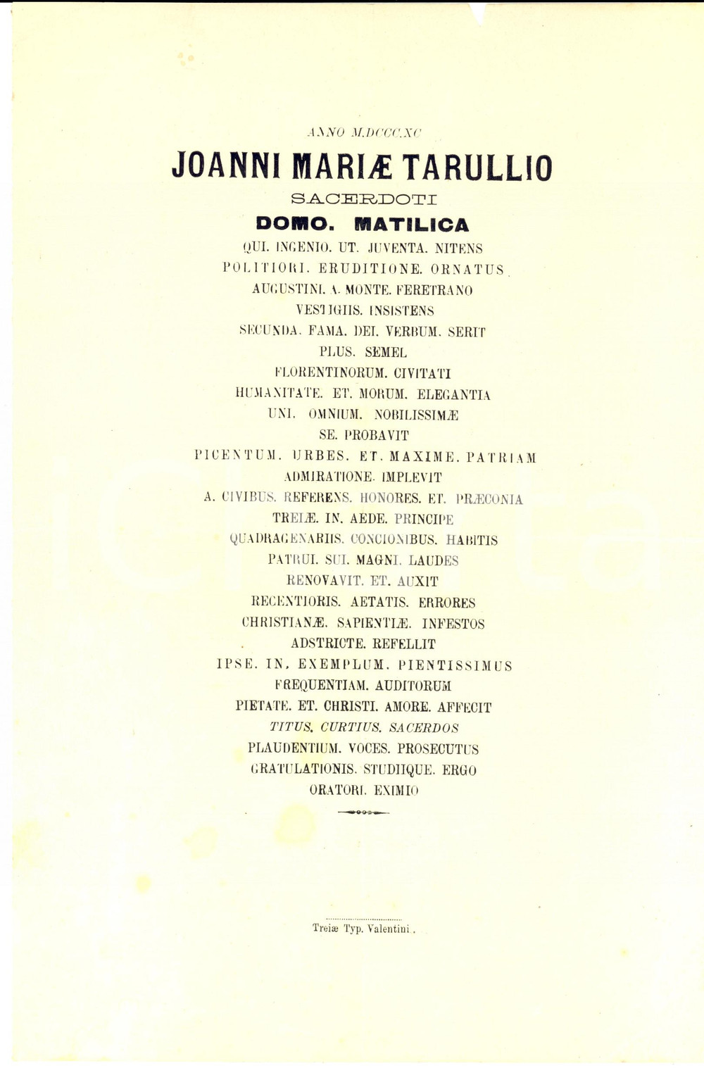 Documento originale, autentico 1890 MATELICA MC Lapide pro Giovanni Maria TARULLI sacerdote Manifesto 1