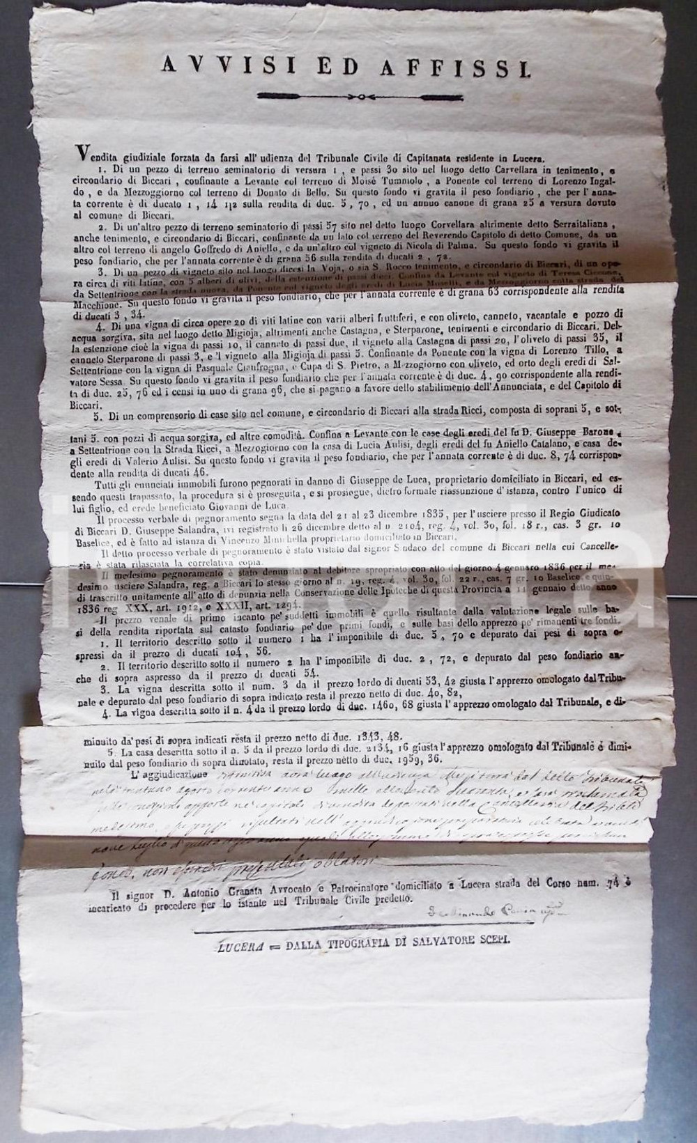 Documento originale, autentico 1840 BICCARI FG Asta beni pignorati Giovanni DE LUCA loc. VOJA Manifesto 1