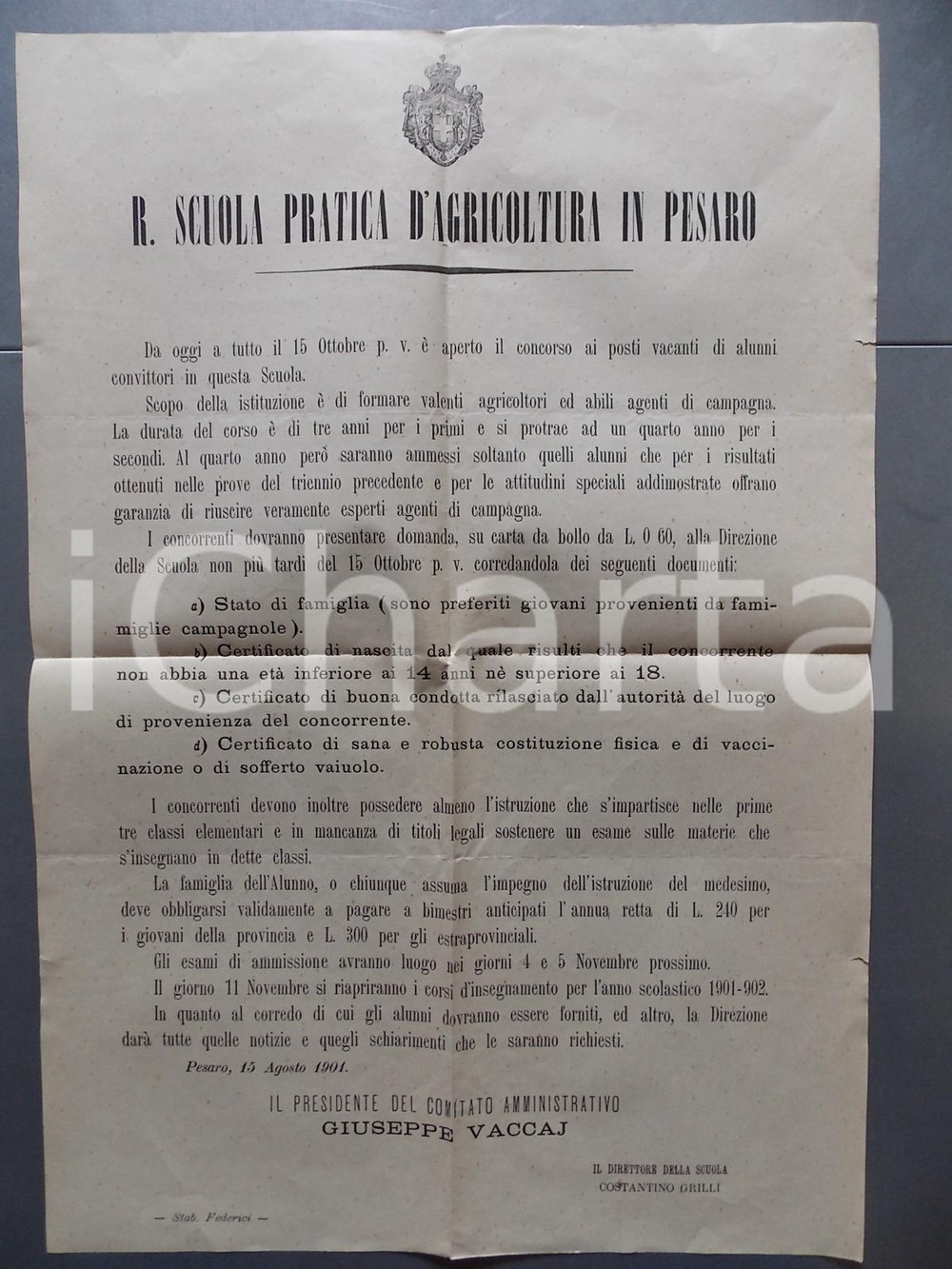 Documento originale, autentico 1901 PESARO Regia Scuola Pratica d Agricoltura  Concorso per alunni convittori 1