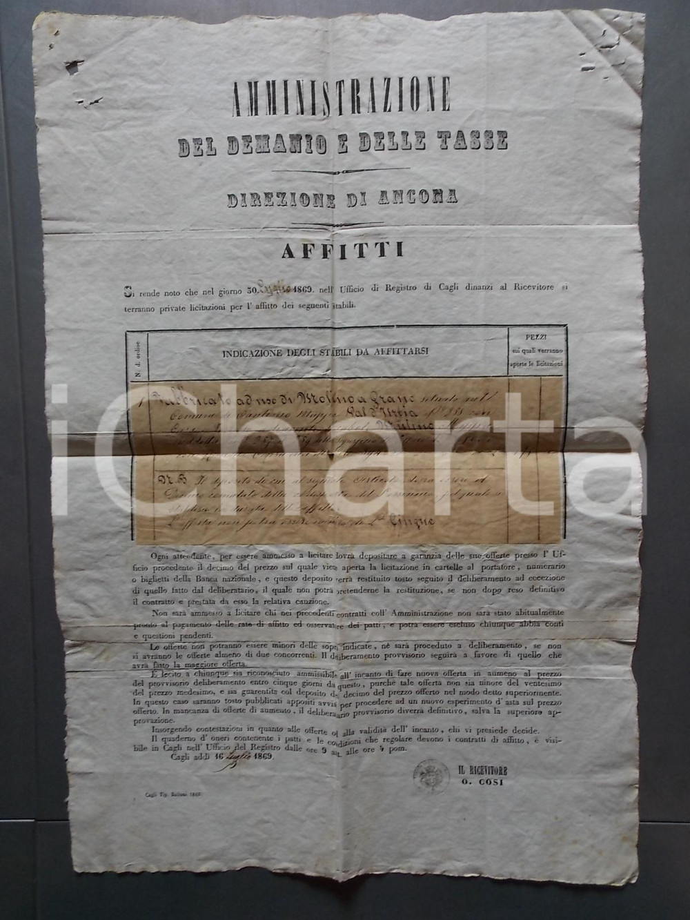 Documento originale, autentico 1869 CANTIANO PU Asta per affitto mulino loc. VAL D URBIA Manifesto 1