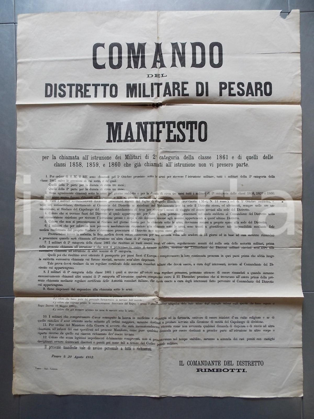 Documento originale, autentico 1882 PESARO Chiamata alle armi per militari classe 1861 MANIFESTO 1
