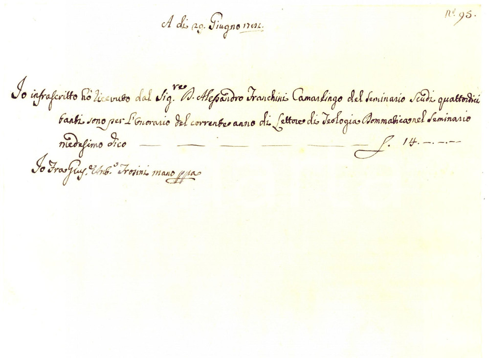 Documento originale, autentico 1782 SAN MINIATO PI Seminario vescovile  Onorario lettore teologia dogmatica 1