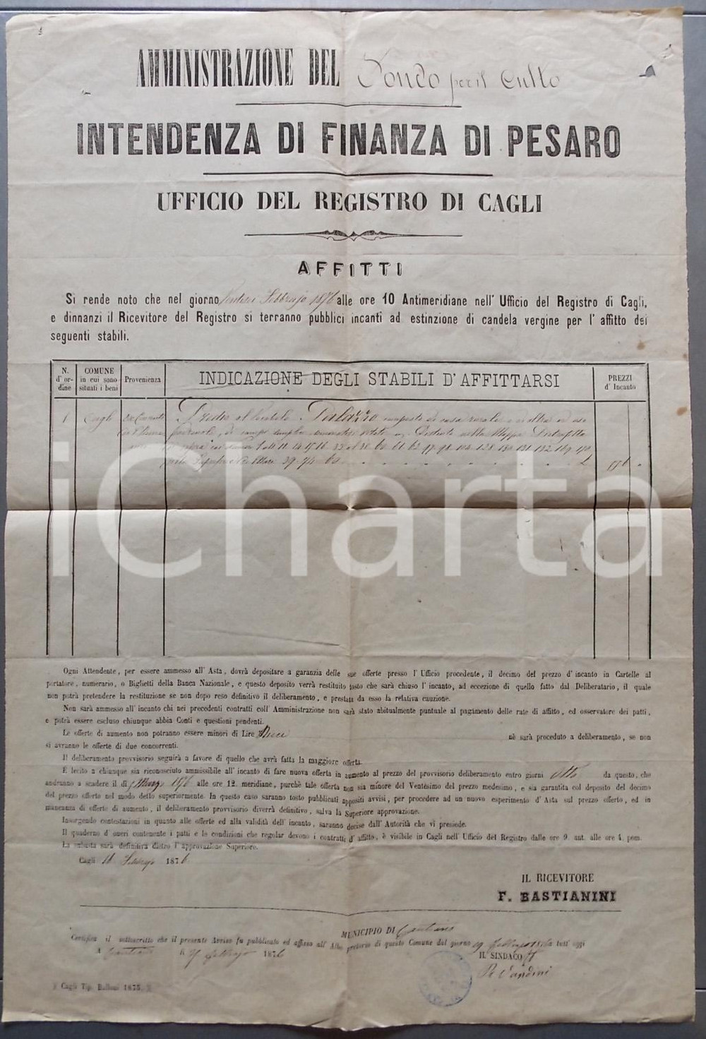 Documento originale, autentico 1876 CAGLI PU Asta predio con casa rurale ex convento SAN DOMENICO MANIFESTO 1