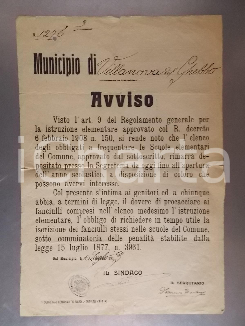 Documento originale, autentico 1913 VILLANOVA DEL GHEBBO RO Contro l evasione dell obbligo elementare 1